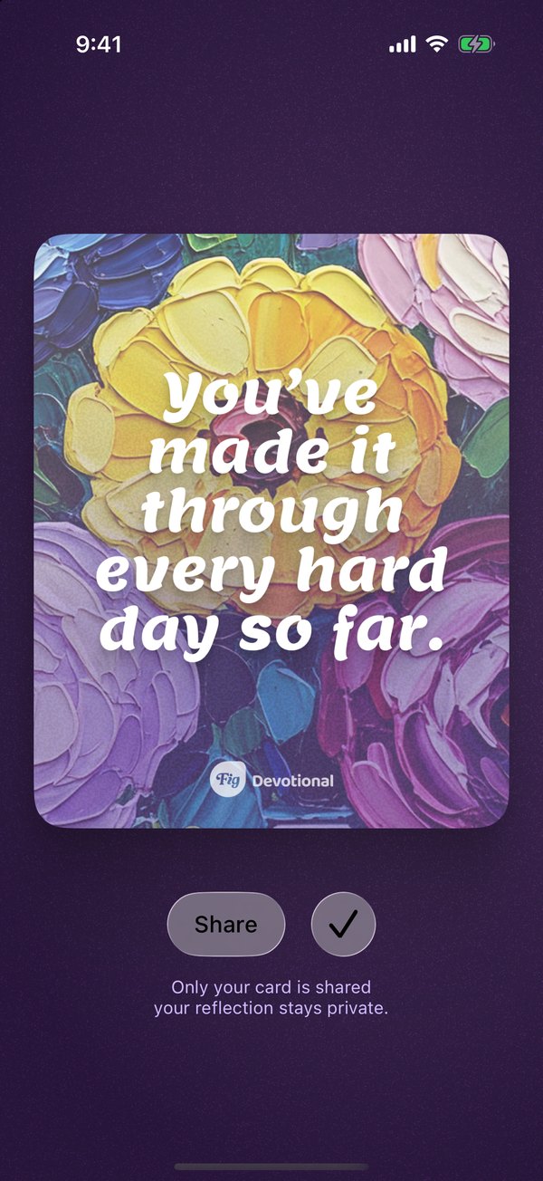 A keepsake card reading “You’ve made it through every hard day so far” in the Fig Devotional app, with a Share button